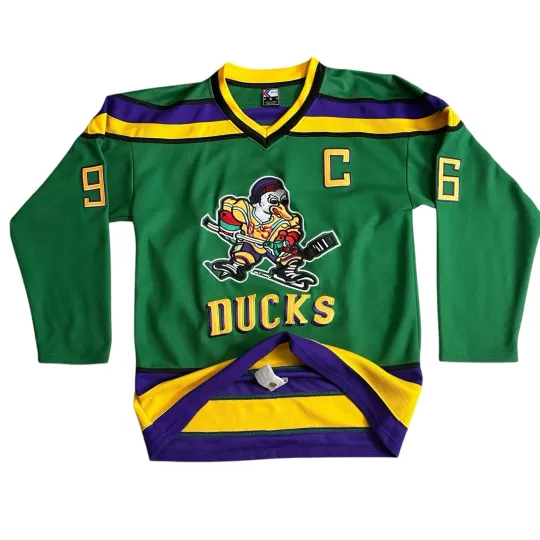 Discover DISNEY MIGHTY DUCKS #96 Captain Conway Stitched VTG Hockey Jersey w/ Fight Strap
