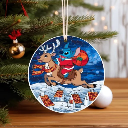 Discover Funny Santa Stitch Riding Reindeer Stained Glass Christmas 2025 Circle Ornament
