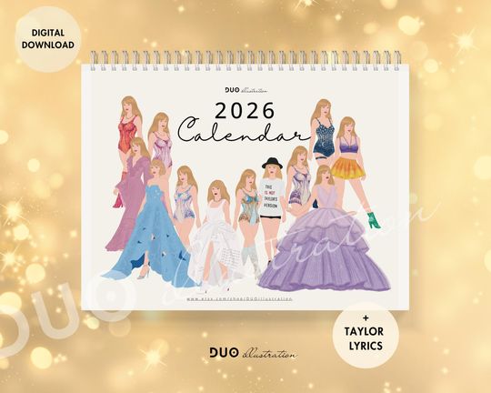 Discover Taylor 2026 Calendar - Printable 26-Page Wall Art with Eras Outfits - TTPD Dress - Swiftlyrics - 2026 Planner for Swifty Fans