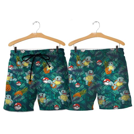 Squirtle Hawaiian Tropical  Shorts, Summer Shorts, Pool Party Daddy Shorts, Beach Shorts