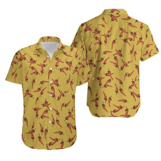 Gonzo Button Up Shirt, Yellow & Red Chili Pepper Hawaii Pattern, The Puppet Show Inspired Cosplay, Hawaiian Costume, Aloha Beach Outfits