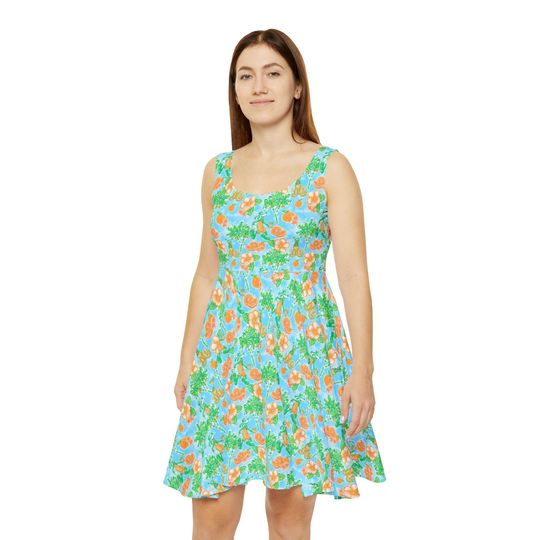 Floral Tangerine Goofy & Pluto Women's Skater Dress