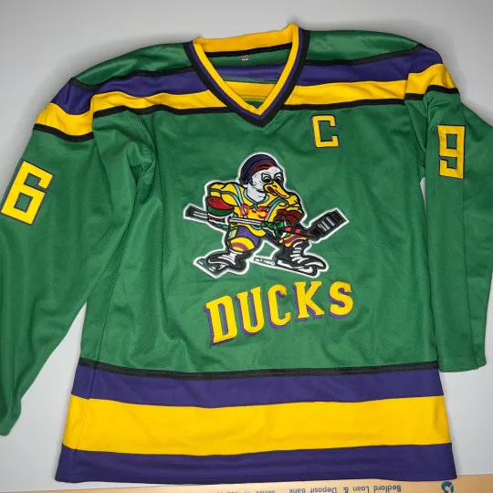 Discover Mighty Ducks Conway #96 Hockey Jersey Green Purple Yellow Adult XL Movie