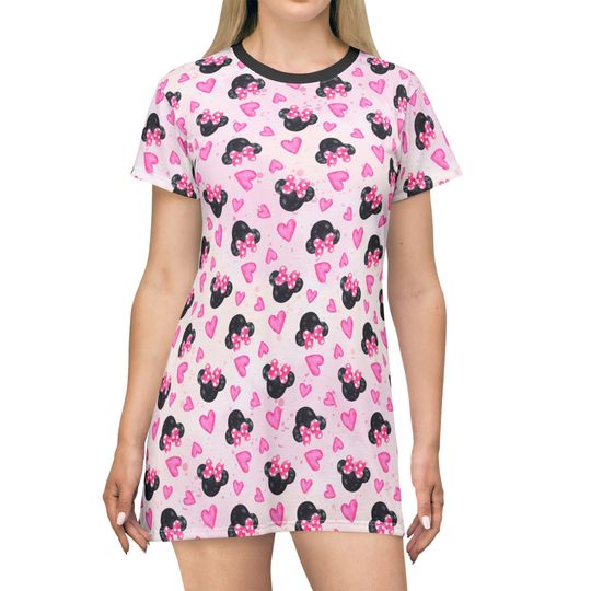 Discover Watercolor Minnie Mouse In Pink - Women's T-Shirt Dress (Made in USA)