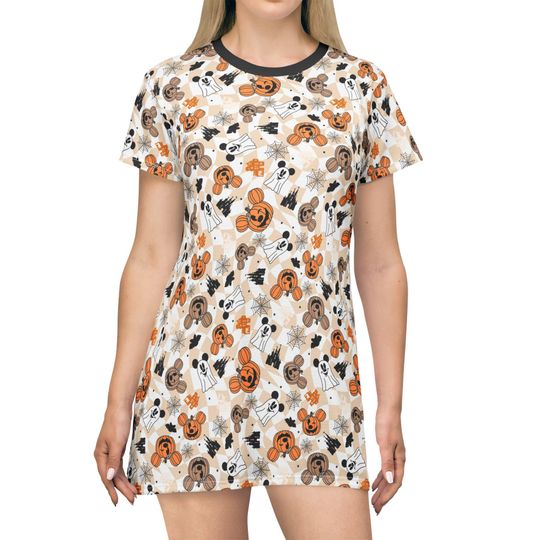 Discover Checkered Halloween Mouse Ear Ghosts & Pumpkins - Women's T-Shirt Dress (Made in USA)