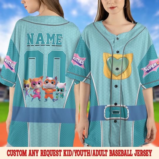 Discover Ginny SuperKitties Baseball Jersey, Ginny Cat Costume Jersey Kid Gift, Cartoon Halloween Cosplay Outfit, Hero Shirt, Halloween Jersey SLZN01