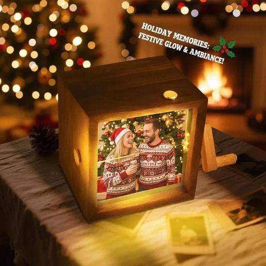 Discover Christmas Custom Photo Flipbook Box with Light  Hand Crank Wooden Frame | Personalized Animated Album Gift for Couples, Family, Mom, or Dad
