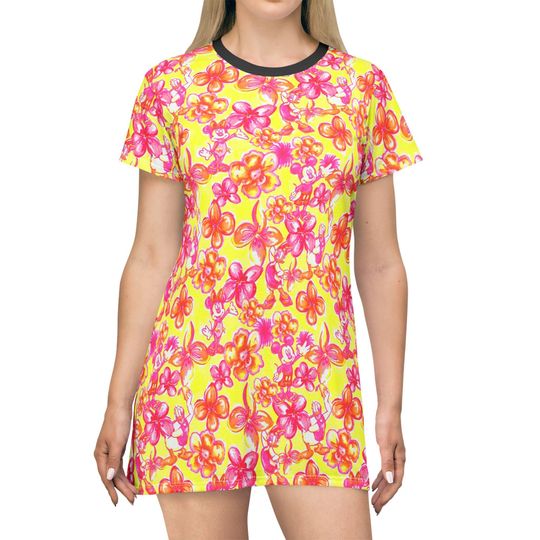 Discover Neon Tropical Floral Mickey & Friends - Women's T-Shirt Dress (Made in USA)