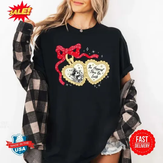 Discover Happiest Place on Earth Mickey T-Shirt with Red Bow Heart Locket Design