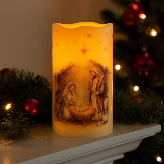 Nativity Scene Flameless LED Candle  Christmas Decor, Holy Family Candle, Battery Operated Holiday Light