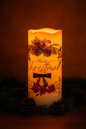 Discover Merry Christmas LED Candle: Pinecones, Poinsettias & Plaid Bow
