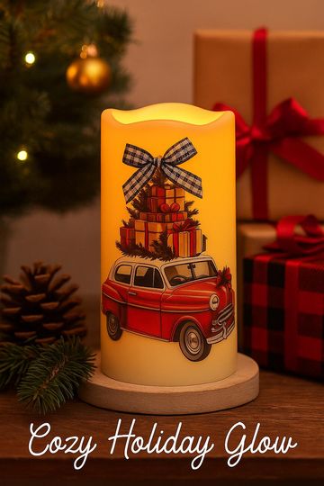 Discover Vintage Red Car Christmas LED Candle with Gifts & Checkered Bow