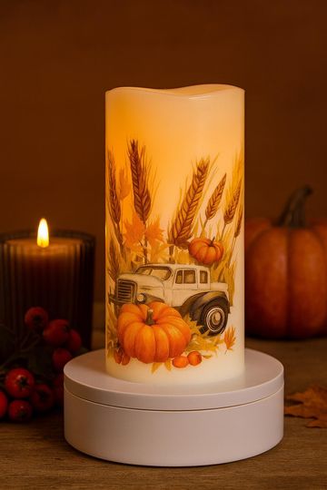 Discover Rustic Fall LED Candle with Vintage Truck, Pumpkins & Wheat  Flameless Autumn Dcor