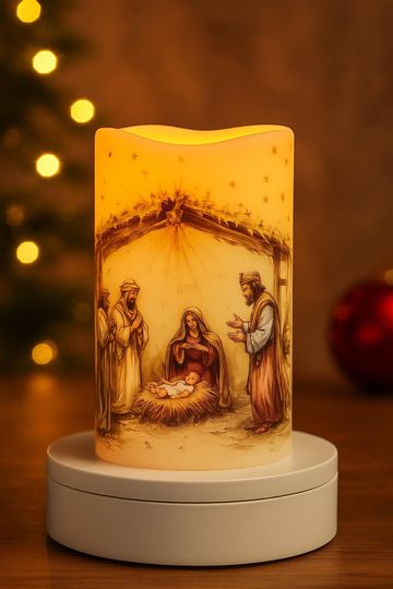 Discover Nativity Scene LED Flameless Candle  3 Kings & Holy Family, Christmas Dcor, Battery Operated