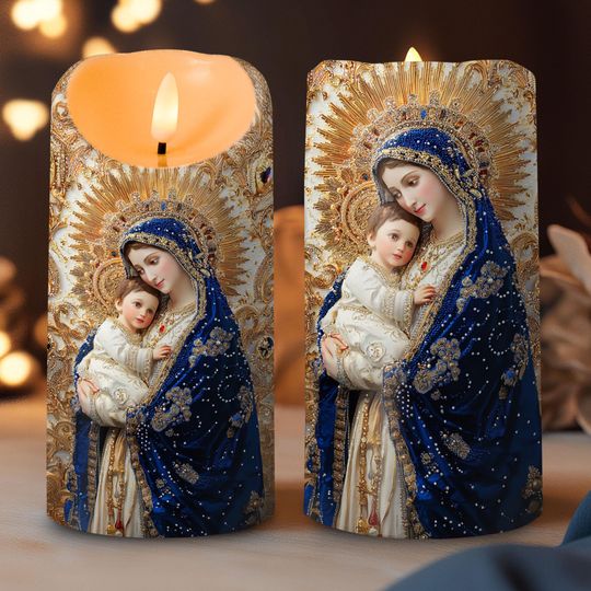 Discover Virgin Mary and Baby Jesus LED Candle, Religious Prayer Candle, Catholic Gift for Her, Blessed Mother Candle, Faith Christian Home Decor