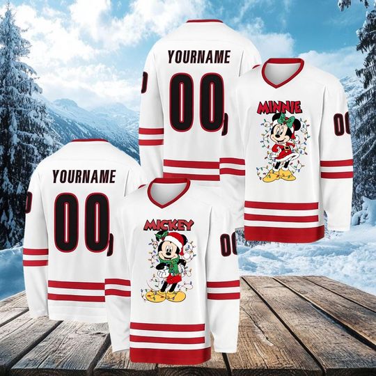 Discover Personalized Disney Mickey Minnie Christmas Hockey Jersey, Custom Xmas Lights Jersey, Disney Couple Holiday Christmas Outfit, Disney Outfits