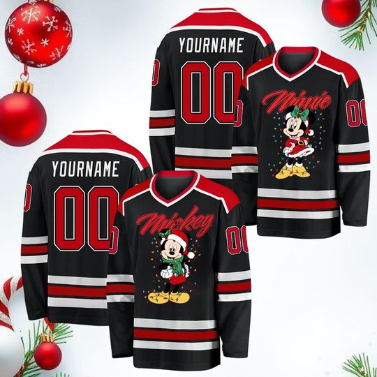 Discover Personalized Disney Mickey Christmas Hockey Jersey, Custom Couple Mickey and Minnie Baseball Jersey, Kids Youth Adult Christmas Outfit