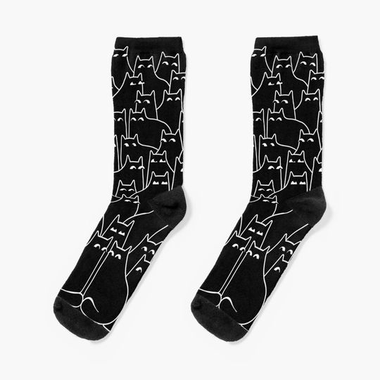 Discover Suspicious Cats (Minimal White Linework Version) Socks