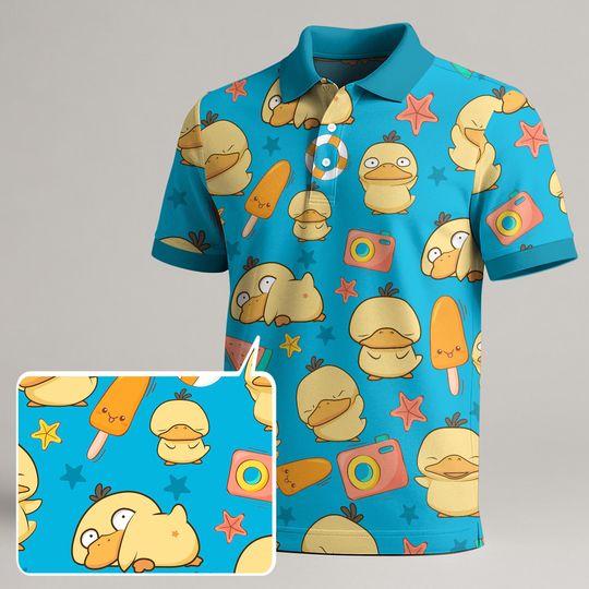 Discover Psyduck Polo Shirt, Tropical Summer Shirt, Kawaii Blue Polo for Men and Women, Funny Cute Psyduck Shirt, Vintage Gift Idea