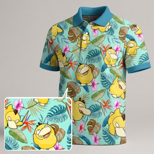 Discover Psyduck Polo Shirt, Tropical Vintage Summer Shirt for Men and Women, Funny Kawaii Style Gift Tee, Cute Psyduck Pattern Shirt
