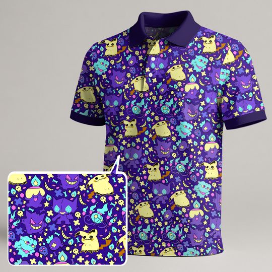 Gengar and Mimikyu Polo Shirt, Funny Cute Summer Shirt for Men and Women, Kawaii Colorful Polo, Trendy Gift for Gengar Fans