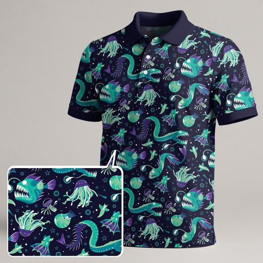 Deep Sea Monster Polo Shirt, Ocean Creature Print Tee for Men and Women, Funny Vintage Kawaii Summer Shirt