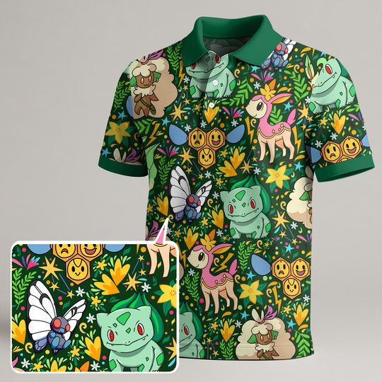 Bulbasaur Butterfree Polo Shirt, Kawaii Floral Print, Cute Nature Inspired Summer Shirt, Whimsical Gift Idea, Bulbasaur Shirt Gift