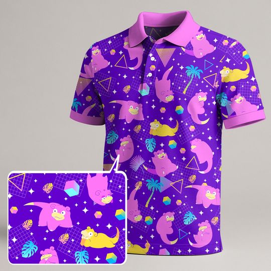 Slowpoke Polo Shirt, Retro Purple Kawaii Shirt, Cute Slowpoke Pattern Tee, Funny Gift Idea for Summer Birthday