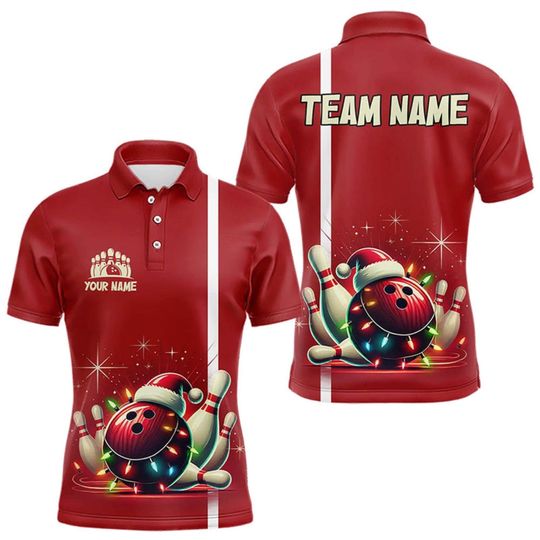 Discover Custom Christmas Bowling Team Shirt Personalized Santa Ball Lights Polo Shirt Holiday Uniform