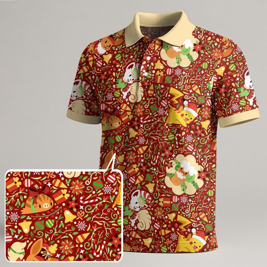 Discover Pika Vulpix Polo Shirt, Cute Christmas Pattern Shirt, Kawaii Holiday Polo, Funny Summer Shirt, Cute Pika Gift