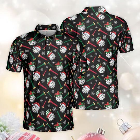 Christmas Golf Polo Shirt Men Women, Golf Ball Santa Hat Snowflakes Polo, Festive Xmas Golf Party Outfit, Christmas Holiday Golfer Gift