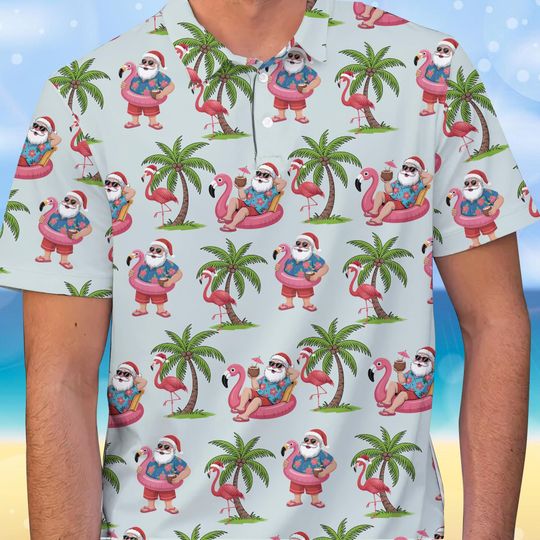 Discover Christmas In July Santa Flamingo Polo Shirt For Men Women, Funny Summer Santa Beach Polo, Tropical Holiday Golf Polo Shirt, Polo Gift Shirt