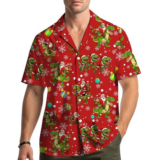 Discover Funny Santa Riding Dinosaur Hawaiian Shirt for Men Women Youth, Christmas T-Rex Shirt, Holiday Dino Santa Claus Button Down Shirt