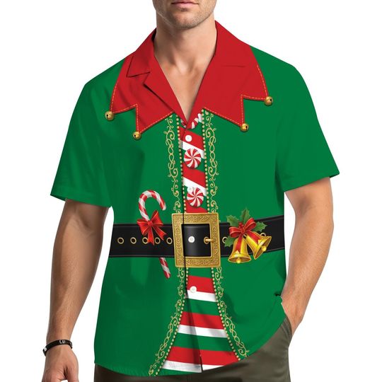 Christmas Elf Costume Hawaiian Shirt, Funny Xmas Party Button Down Shirt, Festive Candy Cane Peppermint Gift Shirt for Men Women Youth