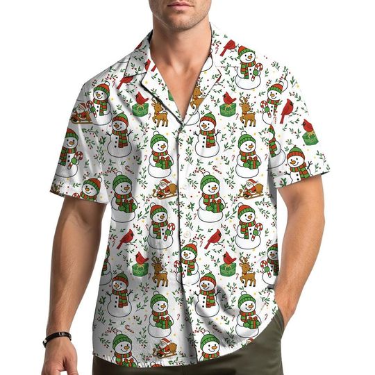 Discover Snowman Christmas Shirt, Cute Holiday Reindeer & Snowflake Print Hawaiian Shirt for Men Women Youth, Funny Xmas Party Outfit