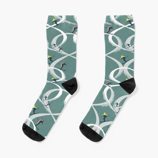 Mid Century Figure 8 Skiers in Retro Style on Teal Socks
