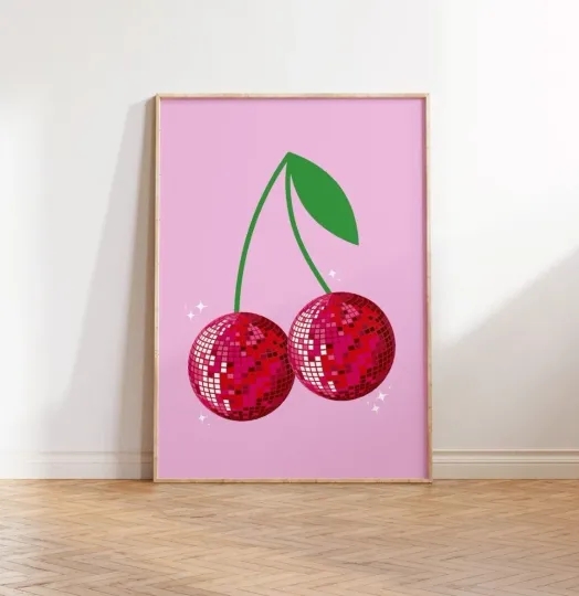 Pink Cherry Disco Ball Poster Retro 90s Groovy Wall Art