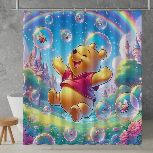 Discover Cute Bear Shower Curtain  Colorful Cartoon Bathroom Decor with Bubbles, Rainbow & Happy Honey Bees Fantasy Style