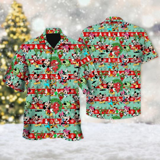 Discover Mickey Minnie Christmas Hawaiian Shirt, Mickey Mouse Decorate Christmas Hawaii Shirt, Cartoon Xmas Party Button Up Shirt, Magic Kingdom Tee