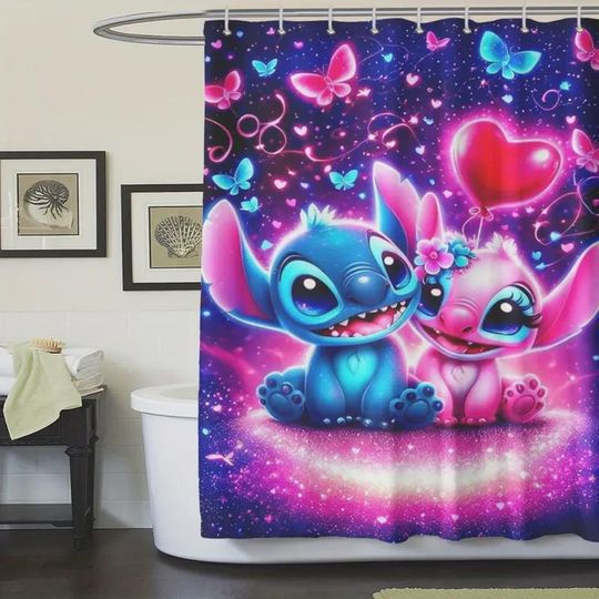 Discover Cute Couple Shower Curtain | Kawaii Love Bathroom Decor | Pink Blue Romantic Bath Curtain | Adorable Cartoon Gift