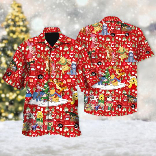 Discover Winnie the Pooh Christmas Hawaiian Shirt, Disney Pooh & Friends Santa Hat Hawaii Shirt, Pooh Xmas Button Up Shirt, Magic Kingdom Shirt