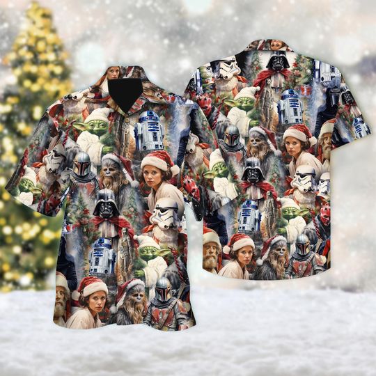 Discover Star Wars Christmas Hawaiian Shirt, Yoda Santa Hat Christmas Hawaii Shirt, Star Wars Xmas Party Button Up Shirt, Galaxy's Edge 3D Shirt