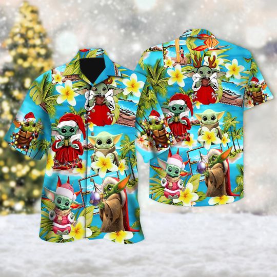 Discover Star Wars Christmas Hawaiian Shirt, Baby Yoda Christmas Hawaii Shirt, Star Wars Button Up Shirt, Baby Yoda Santa Hat Xmas Party Shirt