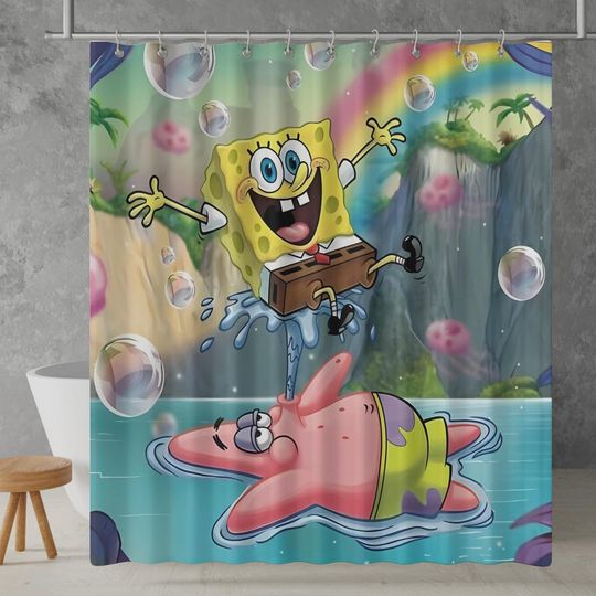 Discover Funny Cartoon Shower Curtain, Cute Bathroom Decor for Kids, Colorful Ocean Theme Curtain, Waterproof Fabric, Gift for Sponge Fans