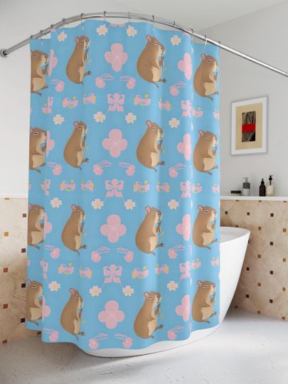 Discover Capybara Kawaii Shower Curtain, Cute Blue Floral Bathroom Decor, Animal Lovers Gift