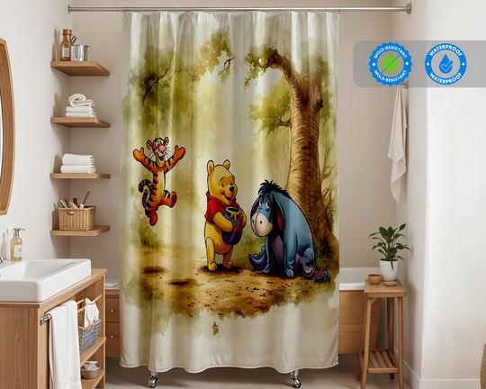 Discover Winnie the Pooh Style Shower Curtain | Cute Eeyore, Happy Tigger & Honey Design | Waterproof Drapes | Bathroom Decor | All Sizes