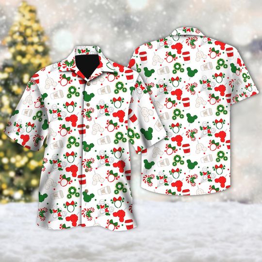 Discover Disney Mickey Mouse Christmas Hawaii Shirt, Mickey Ears Button Up Shirt, Mickey Xmas Party Hawaiian Shirt, Christmas Magic Kingdom Gift
