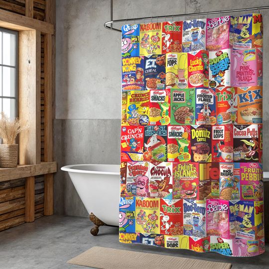 80s Cereal Shower Curtain: Retro Cartoon Print, Fun Bathroom Decor