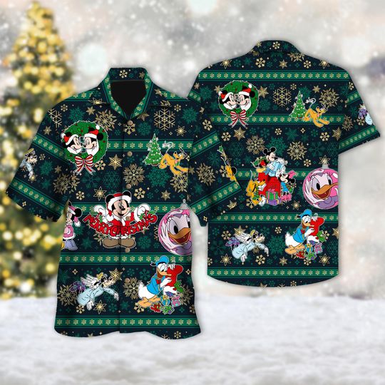 Discover Disney Mickey And Friends Snowflakes Christmas Hawaiian Shirt, Mickey Mouse Button Up Shirt, Minnie Donald Goofy Pluto Hawaiian Shirt
