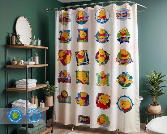 Discover Custom Winnie the Pooh Shower Curtain | Disney Cartoon Style | Waterproof Drapes | Mildew Resistant | All Size | Personalization